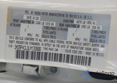 2020 Mazda Mazda3 Select Package from USA, damaged, VIN 3MZBPACL0LM133999